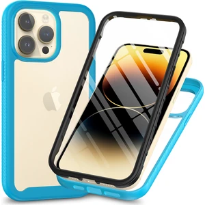 iPhone 15 Pro Max Için Yerleşik Ekran 360 Tam Koruma Telefon Kılıfı - Mavi (Yurt Dışından)