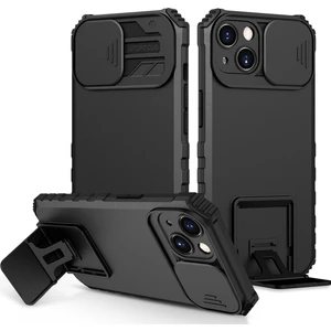 iPhone 15 Plus Kayar Kamera Kapaklı Sağlam Standı Telefon Kılıfı - Siyah (Yurt Dışından)