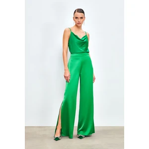 Yırtmaç Detaylı Saten Pantolon - Yeşil