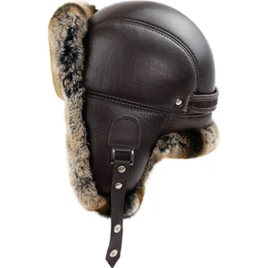 Yamtar Kahve Tavşan Kürklü Ushanka Pilot Deri Şapka