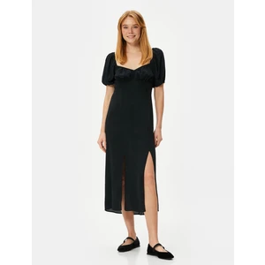 Midi Elbise Balon Kol Yırtmaçlı Kalp Yaka Viskon