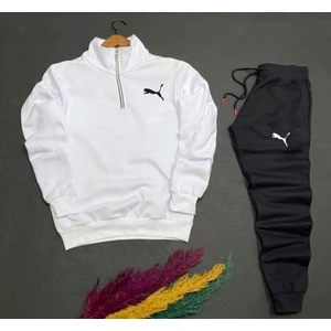Bs Jeans Unisex Puma Baskılı Yarım Fermuarlı Sweatshirt-Eşofman Altı Set Kombin