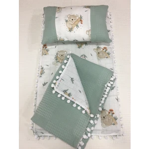 Buse Baby Home Yeşil , Müslin ve Ponponlu Alt Açma , Yastık ve Battaniye 3'lü Set