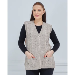 Fresh Moda Kadın V Yaka Zincir Örgü Cepli Yün Anne Triko Yelek