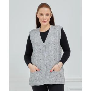 Fresh Moda Kadın V Yaka Zincir Örgü Cepli Yün Anne Triko Yelek