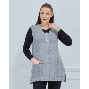 Fresh Moda Kadın Yuvarlak Yaka Triko Cepli Düğmeli Kışlık Yün Yelek