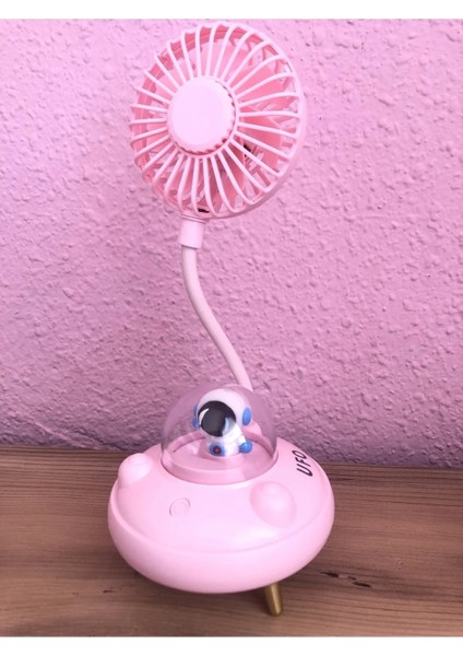 Özel Üretim Planet Ufo Gezegen USB Şarjlı Mini Gece Lambalı Masa Üstü Fan Vantilatör Pembe