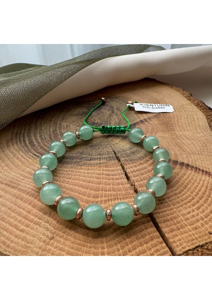 Sertifikalı 8 mm Aventurin ( Şans Taşı ) Doğal Taş Makrome Ipli Ayarlanabilinir Bileklik