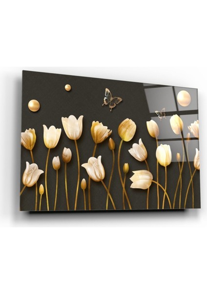 Gold Çiçekler Cam Tablo
