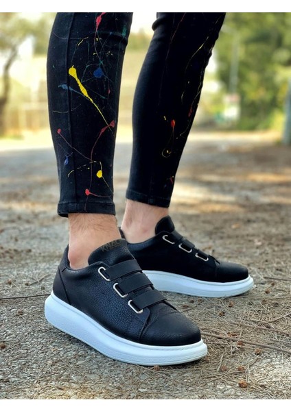 3 Bantlı Cilt Deri Ortopedik Taban Siyah (Beyaz ) Erkek Günlük Sneaker Ayakkabı
