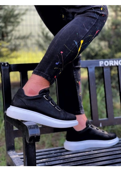 3 Bantlı Cilt Deri Ortopedik Taban Siyah (Beyaz ) Erkek Günlük Sneaker Ayakkabı
