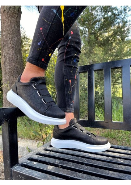 3 Bantlı Cilt Deri Ortopedik Taban Siyah (Beyaz ) Erkek Günlük Sneaker Ayakkabı