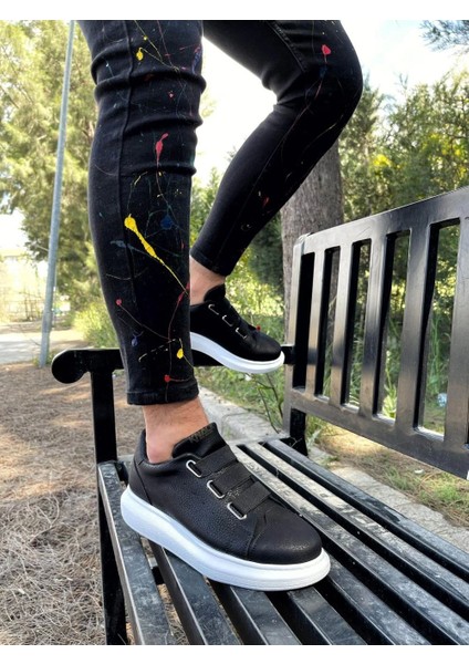 3 Bantlı Cilt Deri Ortopedik Taban Siyah (Beyaz ) Erkek Günlük Sneaker Ayakkabı