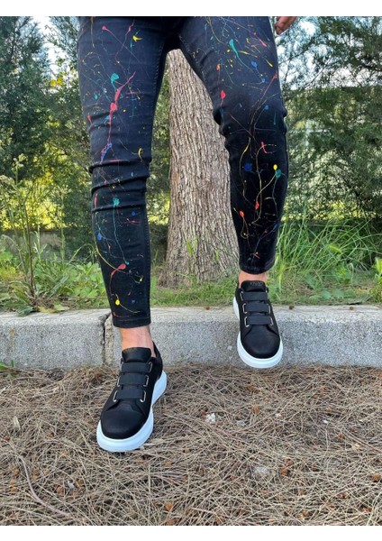 3 Bantlı Cilt Deri Ortopedik Taban Siyah (Beyaz ) Erkek Günlük Sneaker Ayakkabı