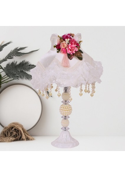 Ekru Kadife Fuşya Çiçek Süsleme Kaplı Dantel Süsleme Sarkan Vintage Abajur 30X50CM AB1008