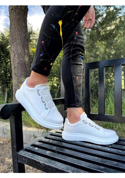 3 Bantlı Cilt Deri Ortopedik Taban Beyaz Erkek Günlük Sneaker Ayakkabı