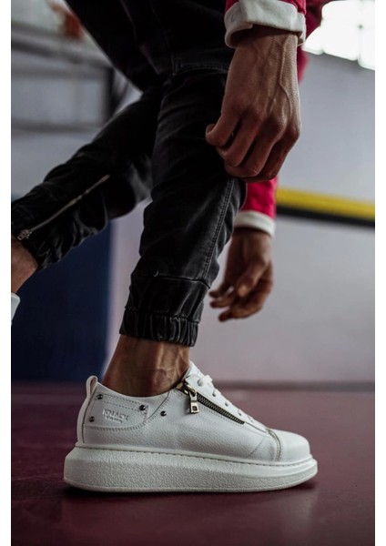 Bağcıklı Fermuarlı Cilt Deri Ortopedik Yüksek Taban Beyaz Erkek Günlük Sneaker Ayakkabı