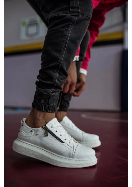 Bağcıklı Fermuarlı Cilt Deri Ortopedik Yüksek Taban Beyaz Erkek Günlük Sneaker Ayakkabı fırsatları