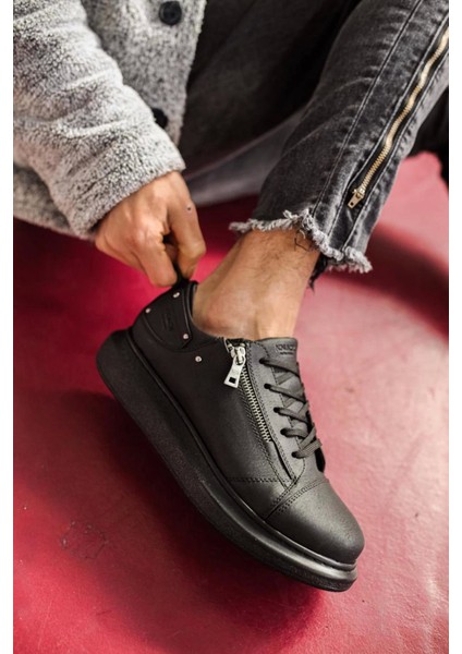 Bağcıklı Fermuarlı Cilt Deri Ortopedik Yüksek Taban Siyah (Siyah ) Erkek Günlük Sneaker Ayakkabı