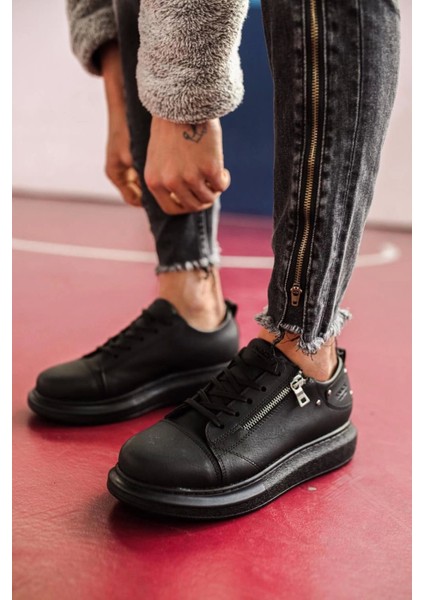 Bağcıklı Fermuarlı Cilt Deri Ortopedik Yüksek Taban Siyah (Siyah ) Erkek Günlük Sneaker Ayakkabı