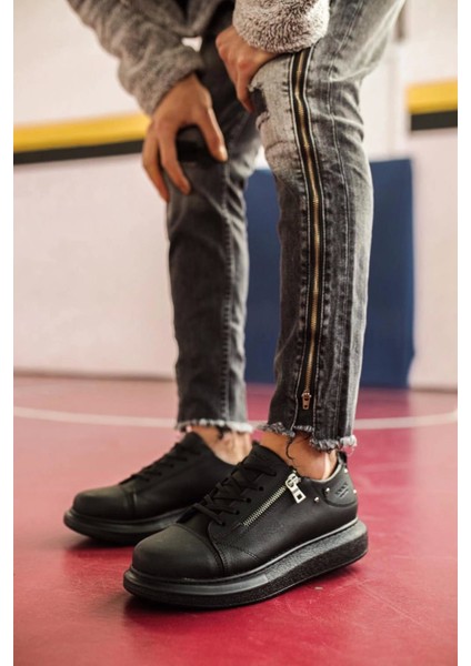 Bağcıklı Fermuarlı Cilt Deri Ortopedik Yüksek Taban Siyah (Siyah ) Erkek Günlük Sneaker Ayakkabı