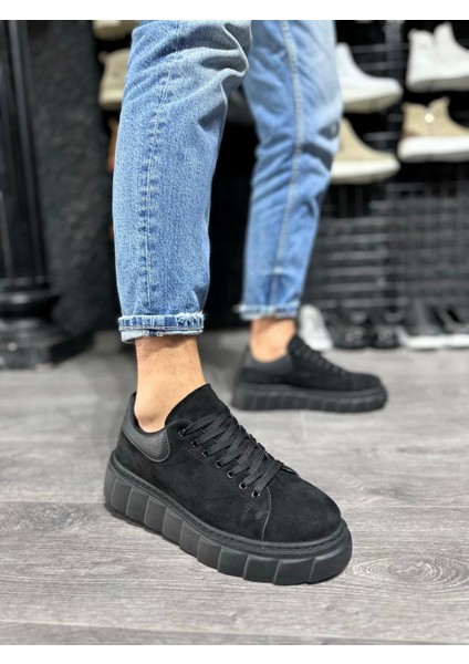 Bağcıklı Süet Ortopedik Yüksek Taban Siyah (Siyah ) Erkek Günlük Sneaker Ayakkabı