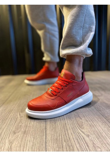Bağcıklı Cilt Deri Ortopedik Yüksek Taban Kırmızı Erkek Günlük Sneaker Ayakkabı