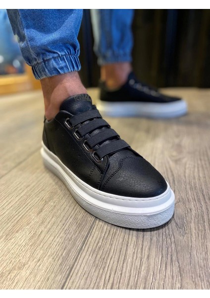 3 Bantlı Cilt Deri Ortopedik Taban Siyah (Beyaz ) Erkek Günlük Sneaker Ayakkabı