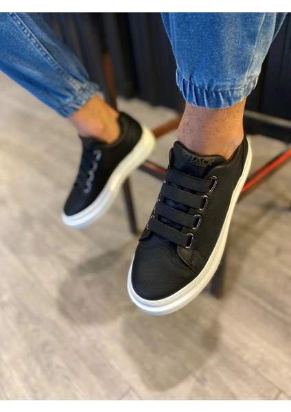 3 Bantlı Cilt Deri Ortopedik Taban Siyah (Beyaz ) Erkek Günlük Sneaker Ayakkabı fiyatları