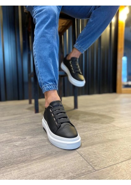 3 Bantlı Cilt Deri Ortopedik Taban Siyah (Beyaz ) Erkek Günlük Sneaker Ayakkabı modelleri