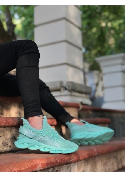 Bağcıklı Yüksek Tasarım Taban Tarz Sneakers Cırt Detaylı Mint Yeşili Erkek Spor Ayakkabısı