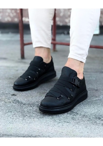 Çapraz Bantlı Kemerli Kömür Erkek Yüksek Rahat Taban Sneaker