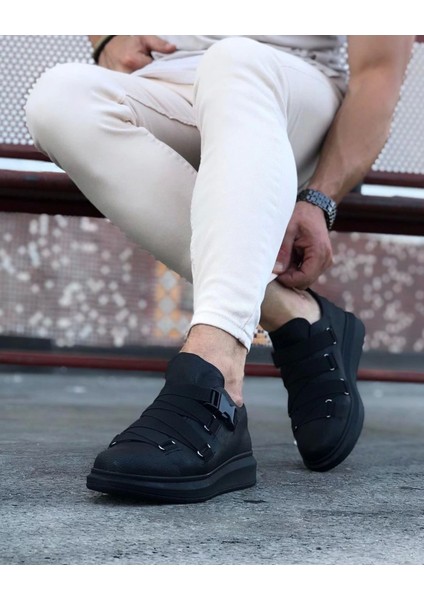 Çapraz Bantlı Kemerli Kömür Erkek Yüksek Rahat Taban Sneaker