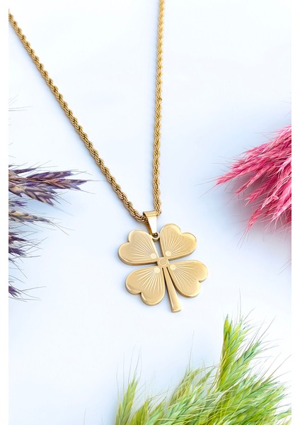 Gold Çelik Burma Zincirli Yonca Model Kadın Kolye fiyatları