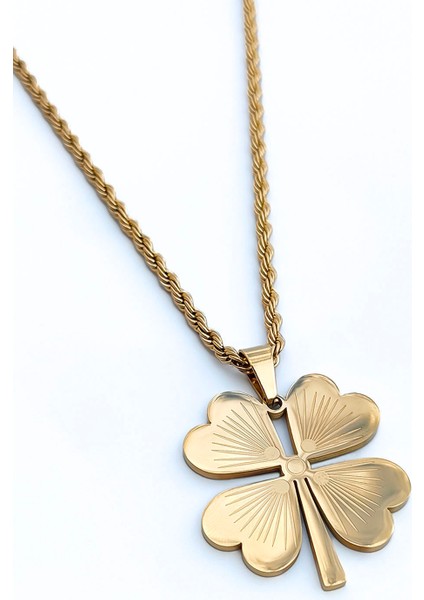 Gold Çelik Burma Zincirli Yonca Model Kadın Kolye modelleri