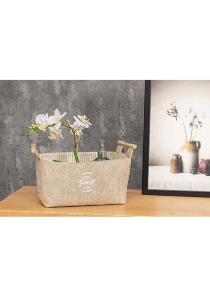 Keçe Tahta Saplı Düzeleyici Sepet - Çok Amaçlı Saklama Organizer Kutu Maxi Kahverengi 25x18x15Cm - 103709