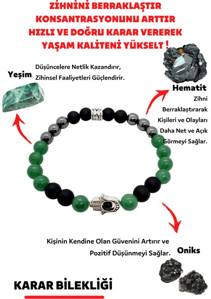 Sertifikalı Doğru Karar Verme Doğaltaş Unisex Tılsım Bilekliği Onix Hematit Yeşim Kadın Erkek