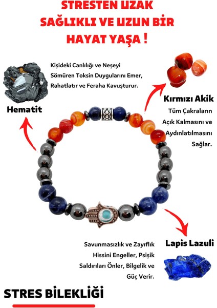 Sertifikalı Stres Doğaltaş Unisex Tılsım Bilekliği Kırmızı Akik Hematit Lapis Lazuli Doğal Taş Bileklik