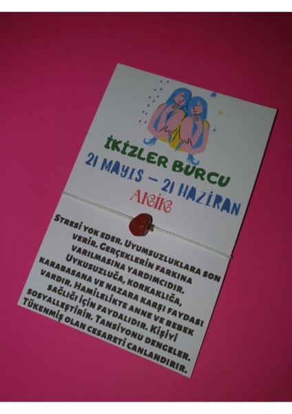Sertifikalı Ikizler Burcu Akik Doğal Taşlı Ip Burç Bilekliği
