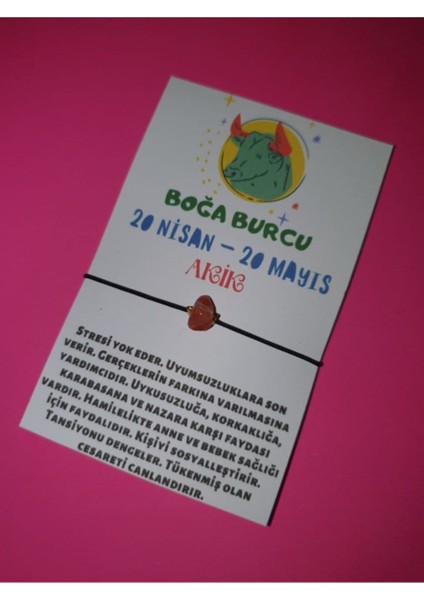 Sertifikalı Boğa Burcu Akik Doğal Taşlı Ip Burç Bilekliği