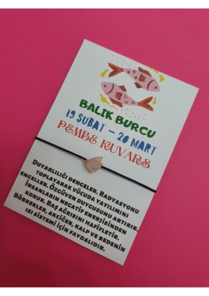 Sertifikalı Balık Burcu Pembe Kuvars Doğal Taşlı Ip Burç Bilekliği