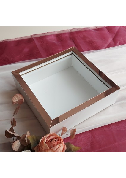 25X25 cm Beyaz-Rose Yarı Pleksi Kaplamalı Derin Anı Çerçevesi! Gül Kutusu! Ledsiz Isimsiz