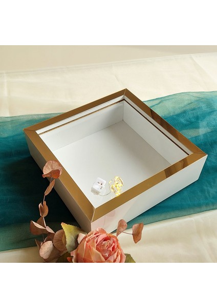 25X25 cm Ledli Beyaz-Bronz Yarı Pleksi Kaplamalı Derin Anı Çerçevesi! Gül Kutusu! Isimsiz