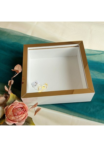 25X25 cm Ledli Beyaz-Bronz Yarı Pleksi Kaplamalı Derin Anı Çerçevesi! Gül Kutusu! Isimsiz