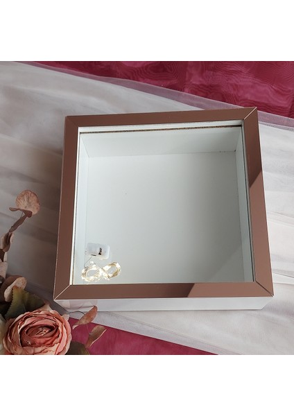 25X25 cm Ledli Beyaz-Rose Yarı Pleksi Kaplamalı Derin Anı Çerçevesi! Gül Kutusu! Isimsiz