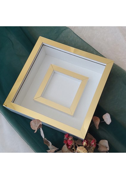 25X25 cm Fotoğraf Bölümlü Beyaz-Gold Yarı Pleksi Kaplamalı Derin Anı Çerçevesi! Gül Kutusu! Ledsiz Isimsiz