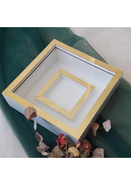 25X25 cm Fotoğraf Bölümlü Beyaz-Gold Yarı Pleksi Kaplamalı Derin Anı Çerçevesi! Gül Kutusu! Ledsiz Isimsiz modelleri
