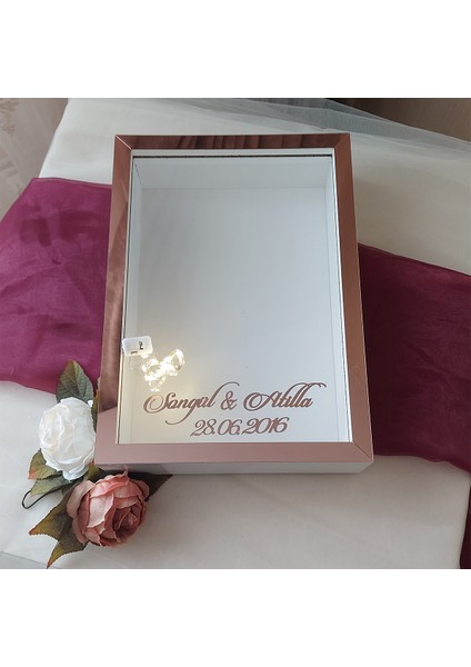 25X35 cm Ledli Isimli Beyaz-Rose Yarı Pleksi Kaplamalı Derin Anı Çerçevesi! Gül Kutusu!