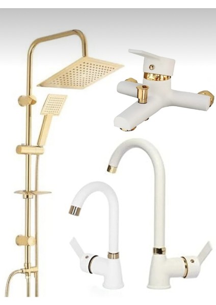 Gold Altın Kare Robot Seti, Beyaz Gold Banyo, Lavabo, Mutfak Bataryası Musluğu Çeşmesi 4’lü Set