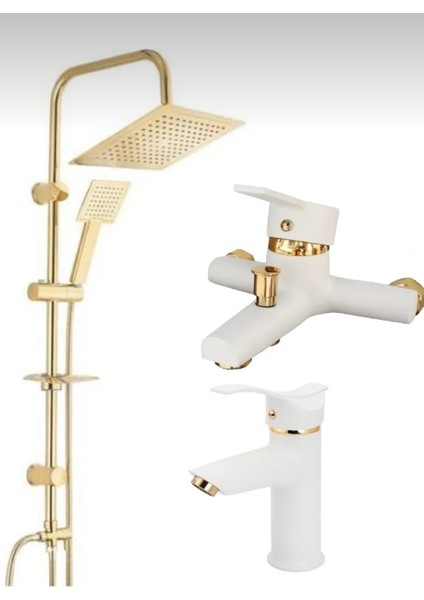 Gold Altın Kare Robot Duş Seti, Beyaz Gold Kartal Lavabo ve Banyo Bataryası Musluğu 3’lü Set